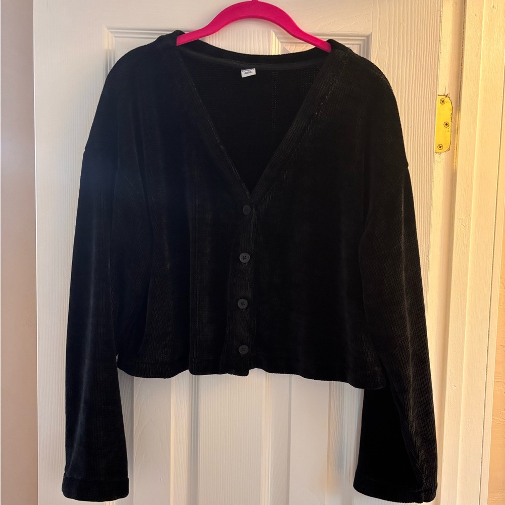 Old Navy Black Chenille Corduroy V‑Neck Button Cardigan